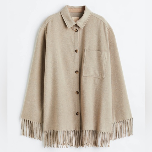 H&M Jackets & Blazers - Taupe Fringe Button-Up Shacket